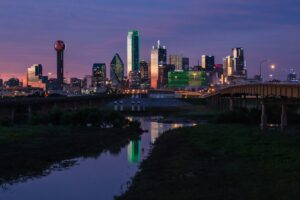 city skyline during night time