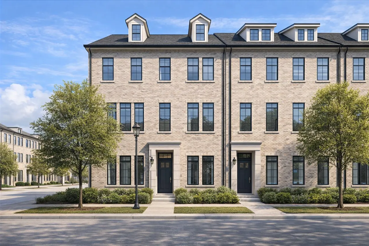 Architectural illustration of attached Addison Grove style brick townhomes