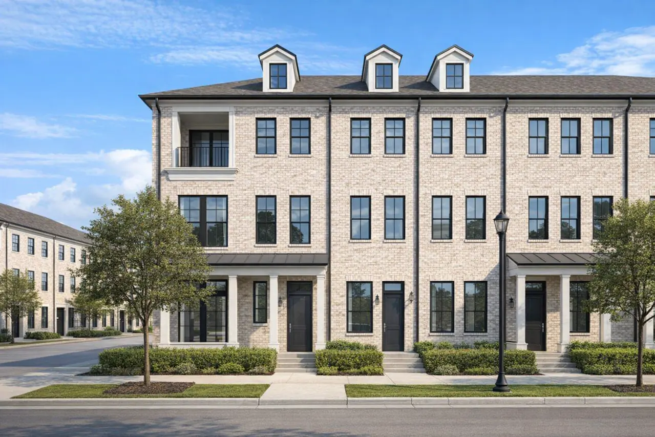 Brick townhome facade with recessed balconies and street-facing entrances