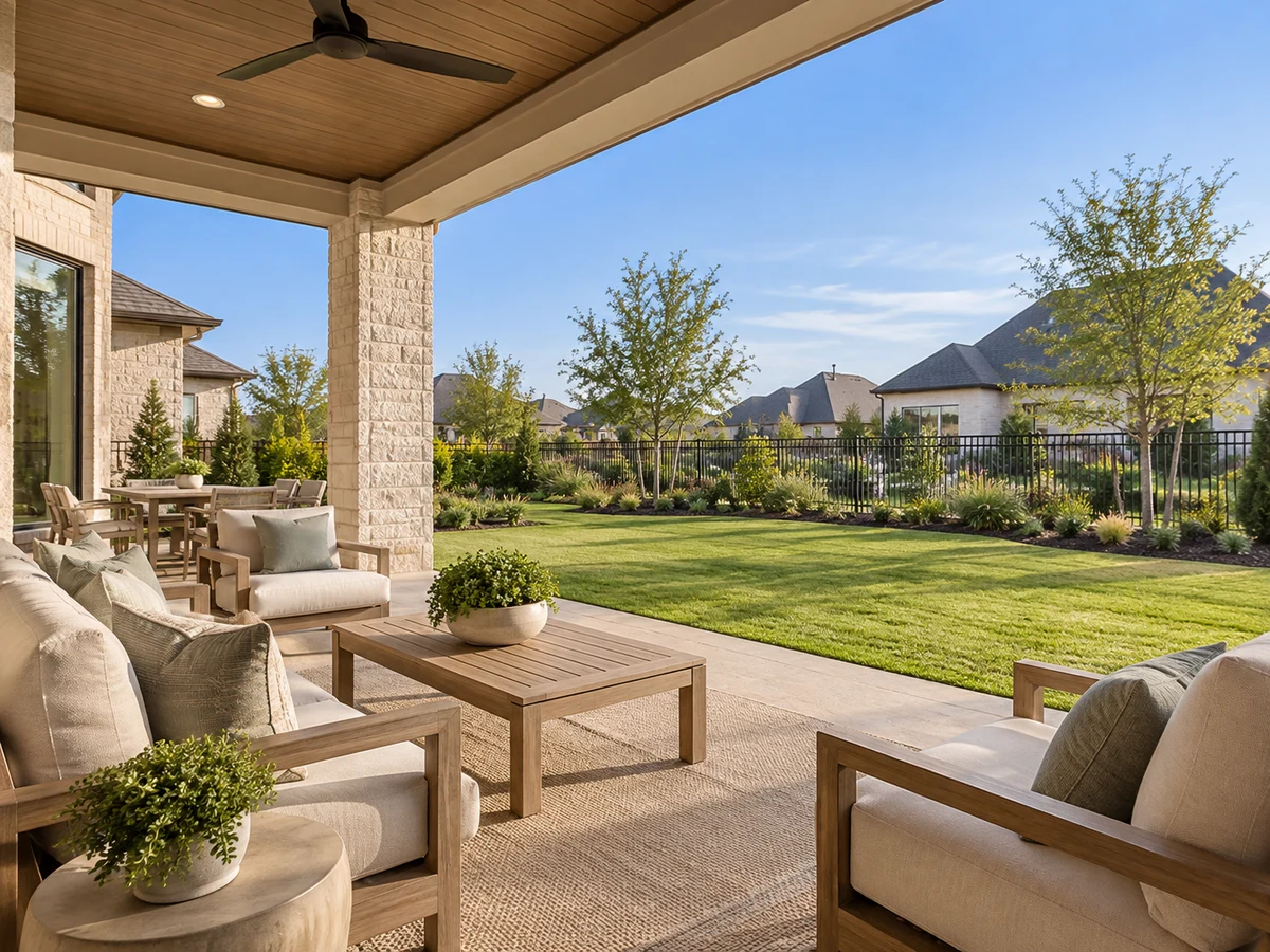 Architectural illustration of outdoor features inspired by Frontier Estates in Prosper