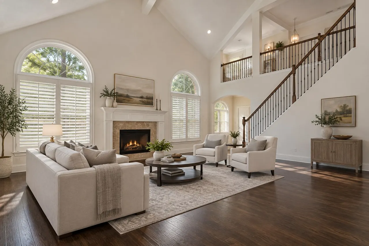 Architectural illustration of an arched-window living room and upstairs landing inspired by Grand Addison home references
