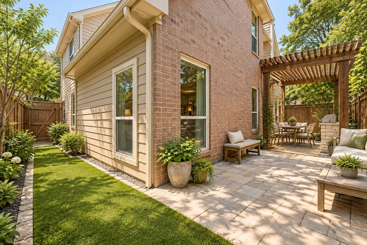Architectural illustration of a compact garden-home patio with paving and pergola inspired by Grand Addison home references