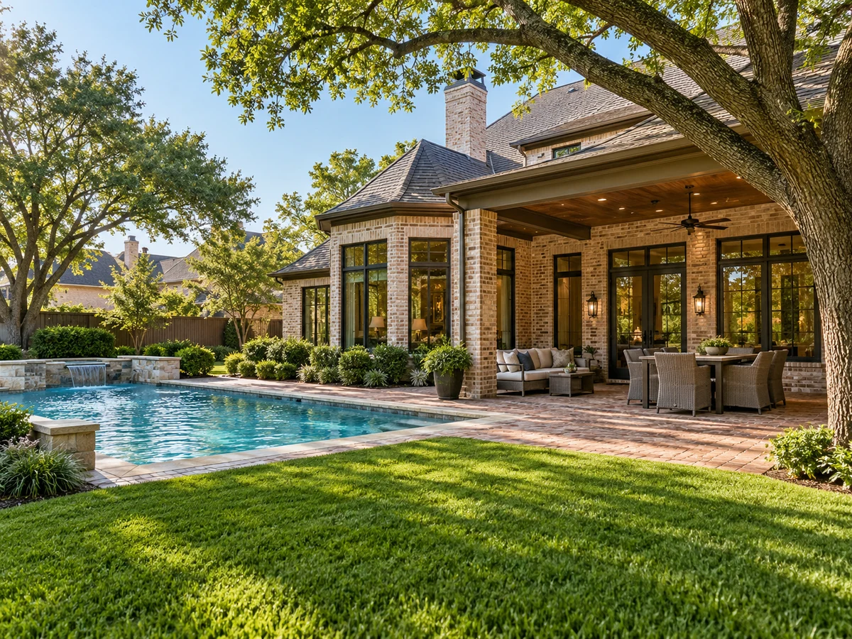 Architectural illustration of outdoor features inspired by Harrington Homeplace in Plano