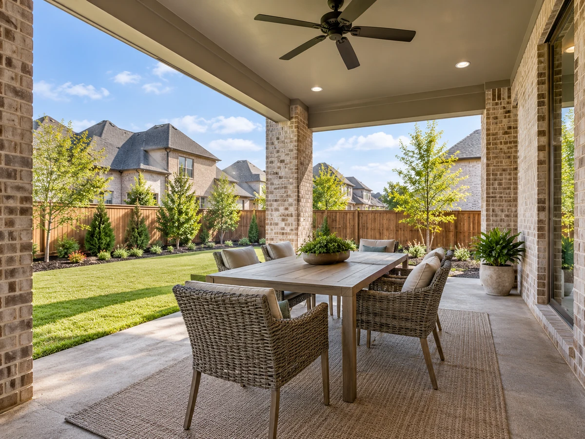 Architectural illustration of outdoor features inspired by Highlands Of Russell Park in Plano