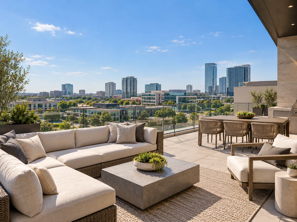 Architectural illustration of outdoor features inspired by Icon At Legacy West in Plano