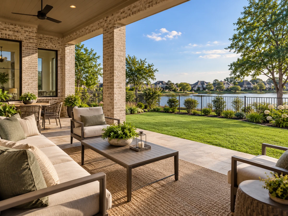 Architectural illustration of outdoor features inspired by Lake Shore Village in Rowlett
