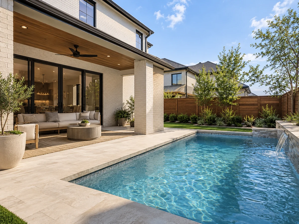 Architectural illustration of outdoor features inspired by Malibu Estates in Plano