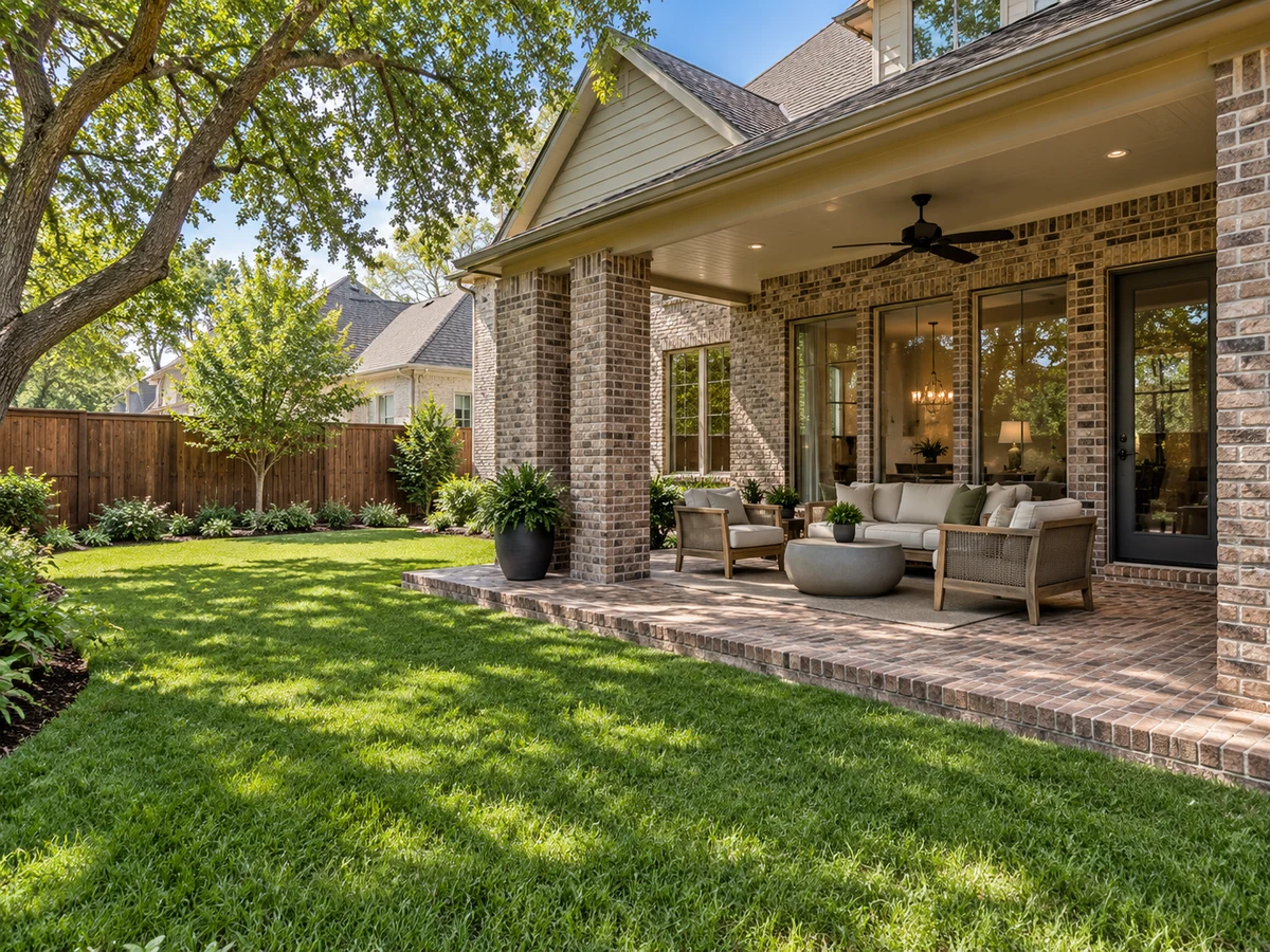 Architectural illustration of outdoor features inspired by Old Shepard Place in Plano