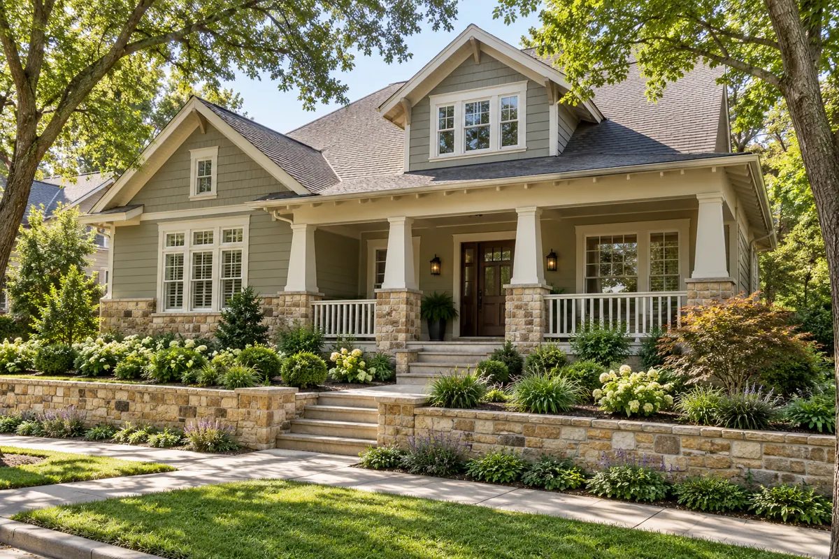 Architectural illustration of Craftsman-influenced homes feature broad porches and stone accents inspired by park at montgomery farm the in Allen
