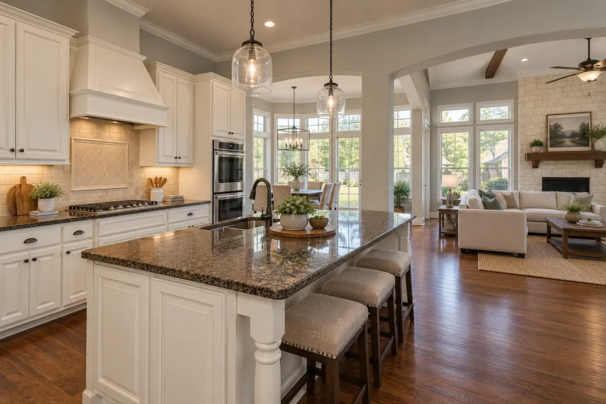 Architectural illustration of traditional kitchens connect island workspaces with breakfast and living areas inspired by park at montgomery farm the in Allen