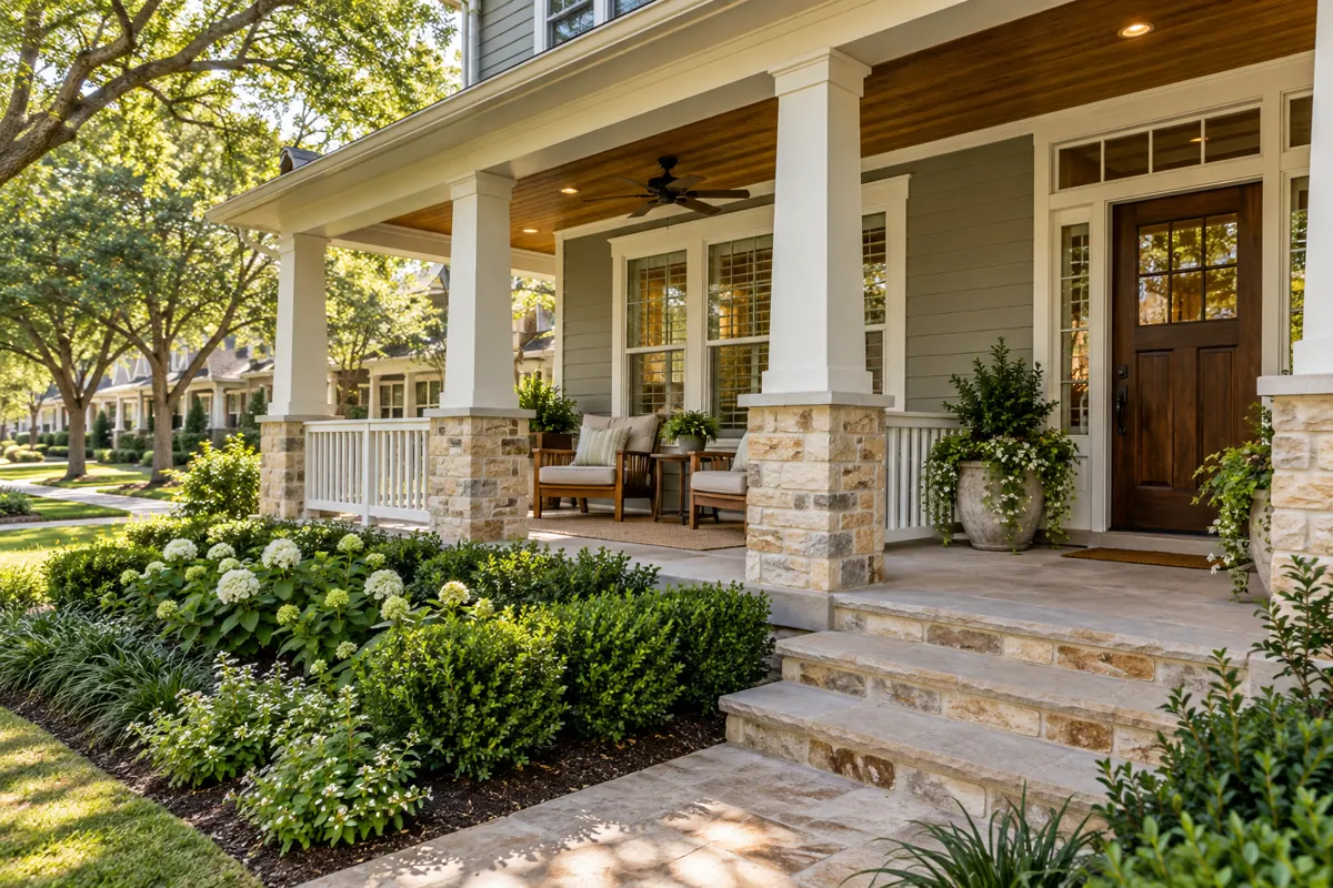 Architectural illustration of a Craftsman-style covered front porch inspired by The Park at Montgomery Farm in Allen