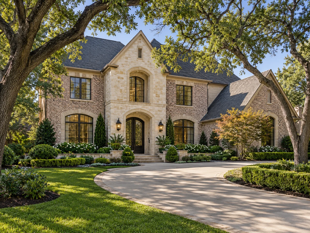 Architectural illustration of exterior features inspired by Pebble Brook At Willow Bend in Plano