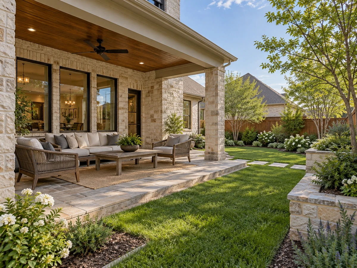 Architectural illustration of outdoor features inspired by Pebble Brook At Willow Bend in Plano