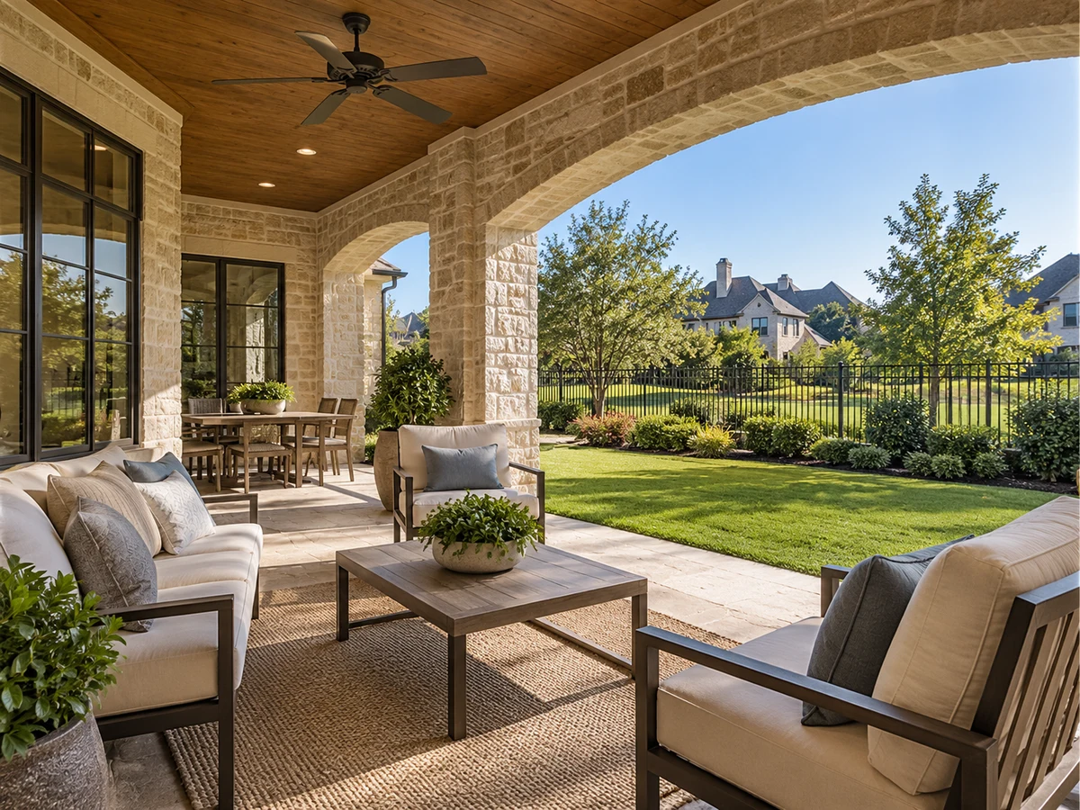 Architectural illustration of outdoor features inspired by Preston Lakes in Plano