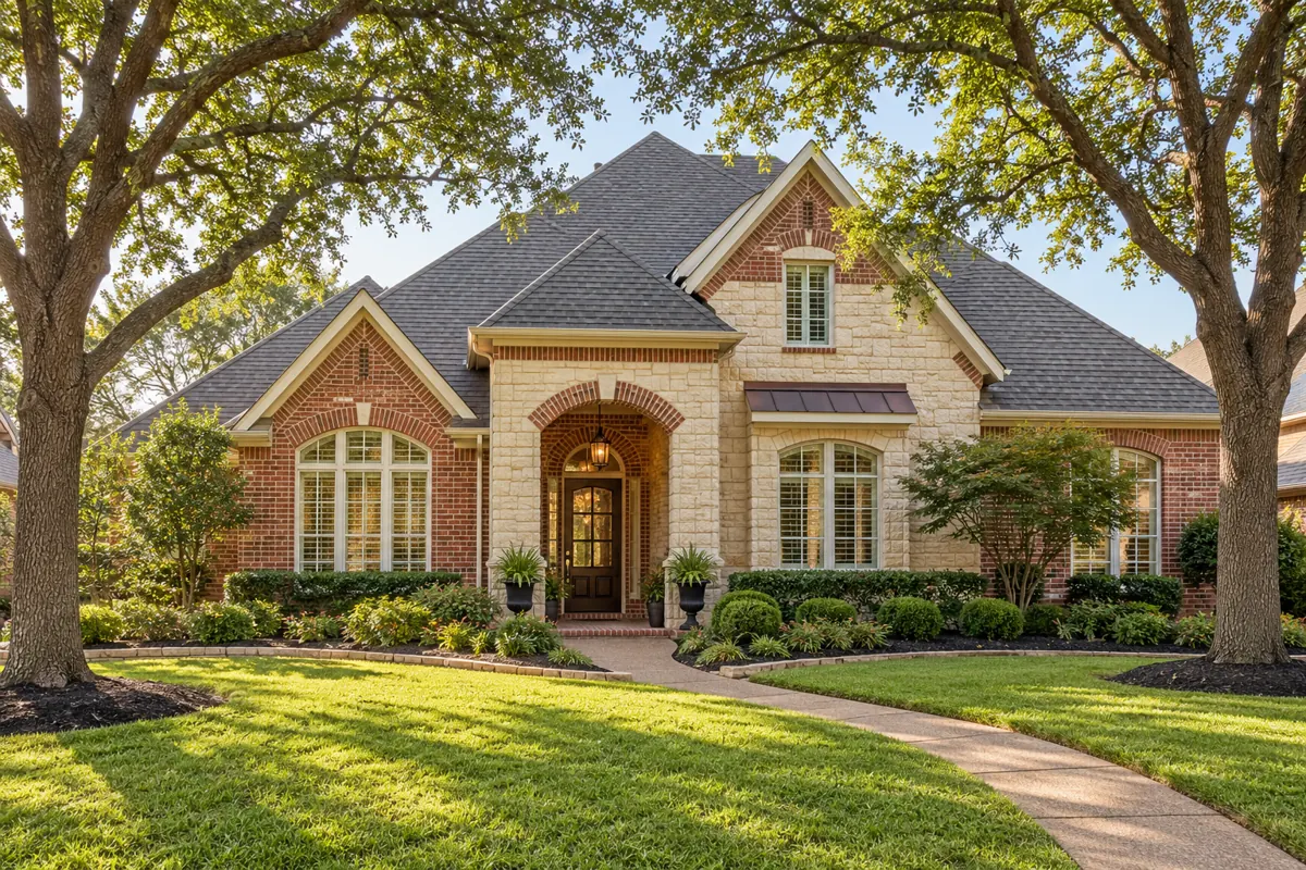 Architectural illustration of brick-and-stone homes with arched entries and mature trees inspired by quail run in Allen