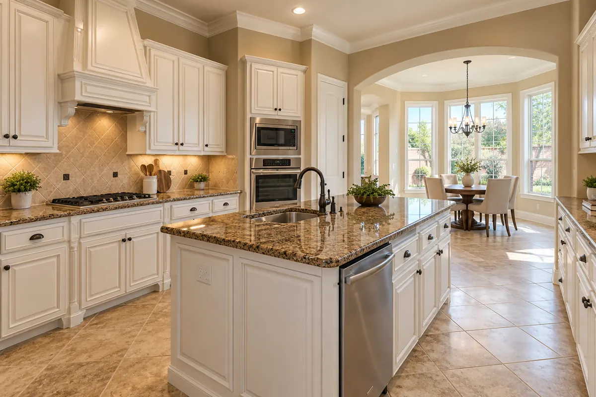 Architectural illustration of traditional cabinetry, granite counters, and island kitchens inspired by quail run in Allen