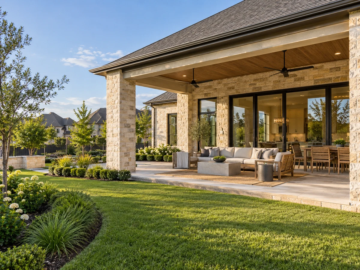 Architectural illustration of outdoor features inspired by Rhea Mills Estates in Prosper
