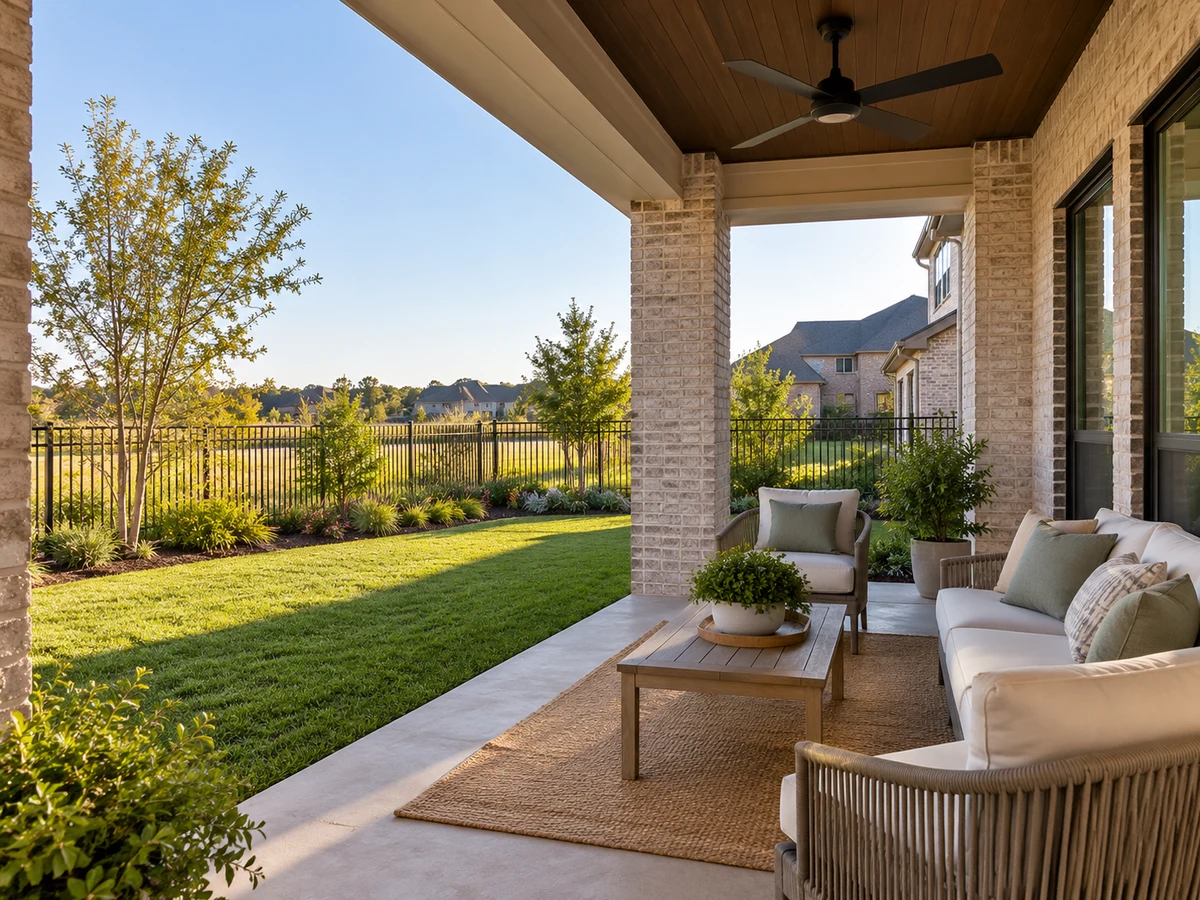 Architectural illustration of outdoor features inspired by Trails At Cottonwood Creek in Rowlett