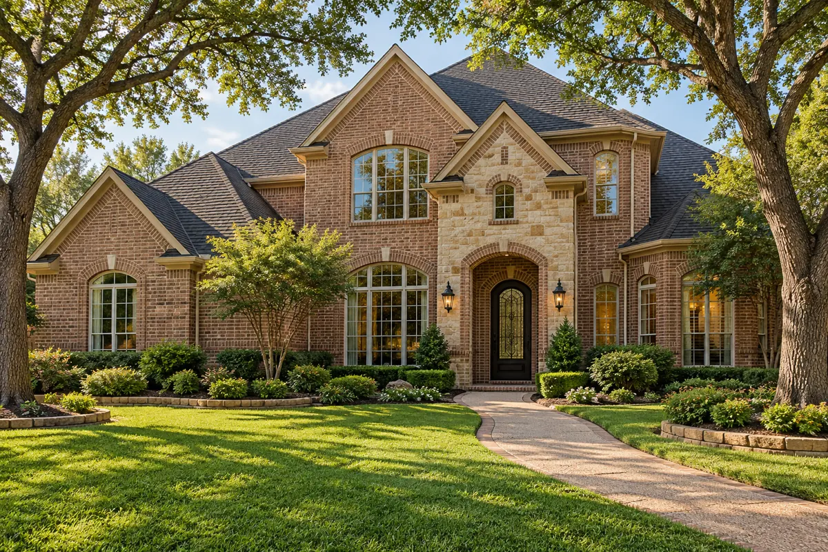 Architectural illustration of traditional brick homes with arched entries and mature trees inspired by twin creeks in Allen