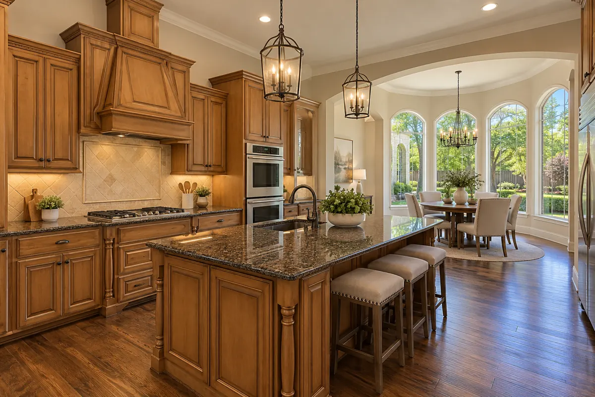 Architectural illustration of wood cabinetry, granite islands, and bright breakfast areas inspired by twin creeks in Allen