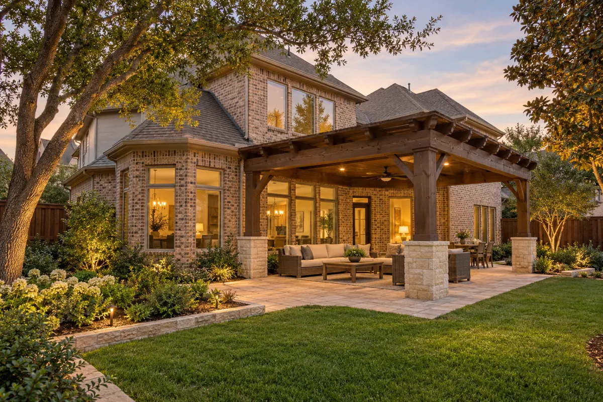Architectural illustration of pergolas, paved patios, and landscaped backyard spaces inspired by twin creeks in Allen