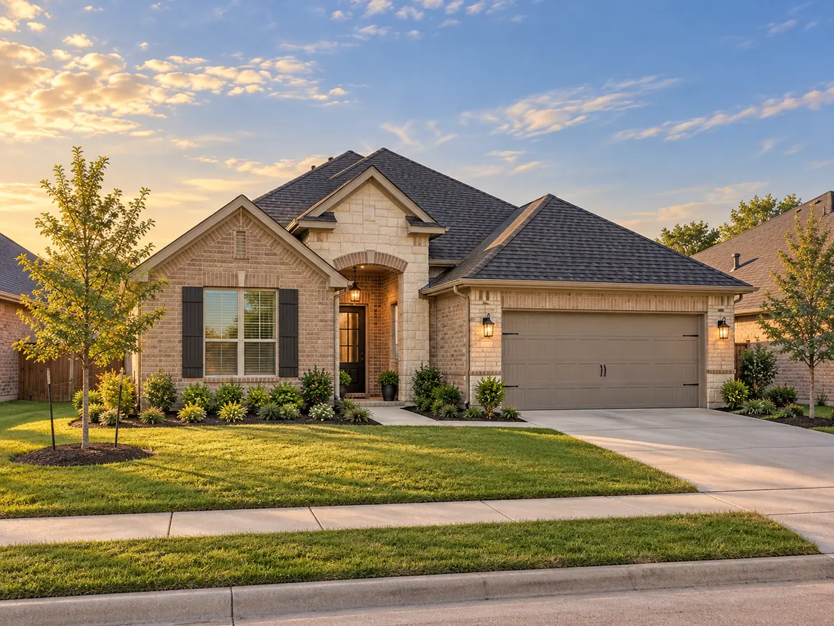 Architectural illustration of a brick and stone home with a front-entry garage inspired by Villages of Hurricane Creek in Anna