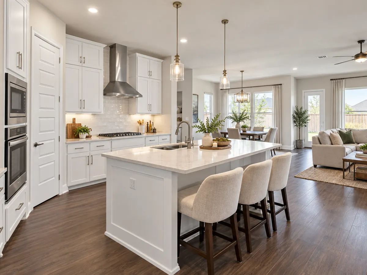 Architectural illustration of an island kitchen with white cabinetry and wood-look flooring inspired by Villages of Hurricane Creek