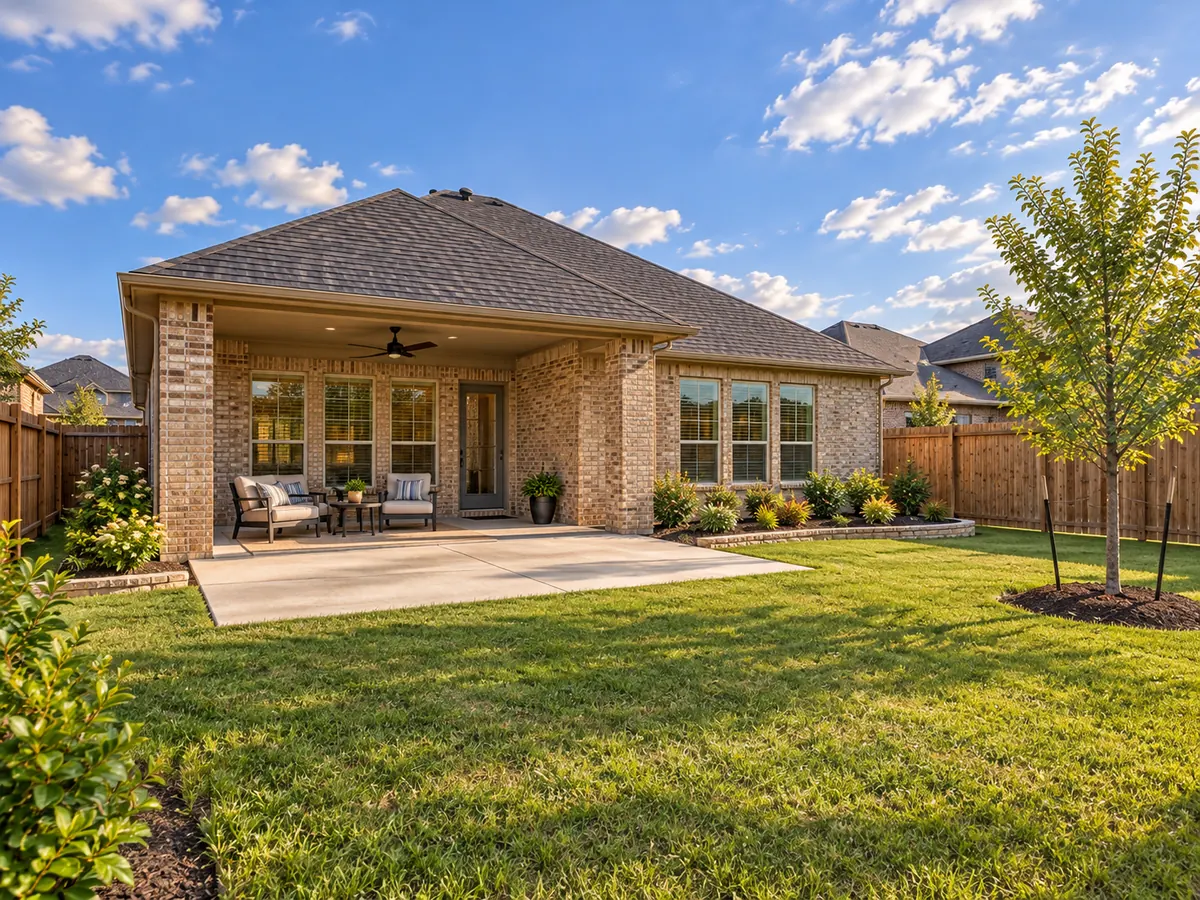 Architectural illustration of a covered patio and fenced lawn inspired by Villages of Hurricane Creek homes in Anna