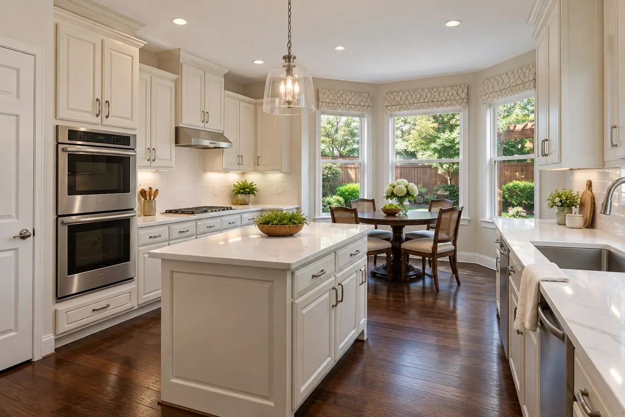 Renovated traditional kitchen with pale cabinetry, an island and a breakfast area
