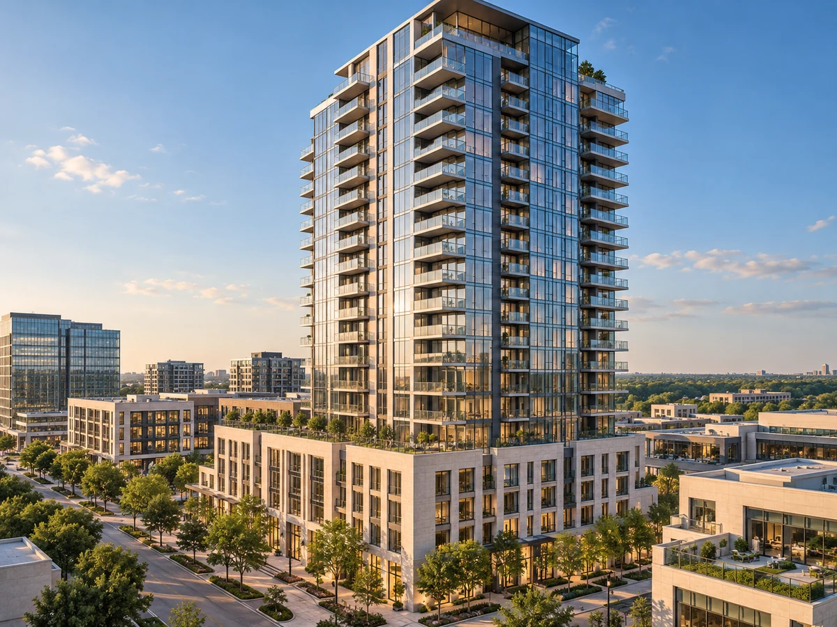 Architectural illustration of exterior features inspired by Windrose Tower At Legacy West Condo in Plano